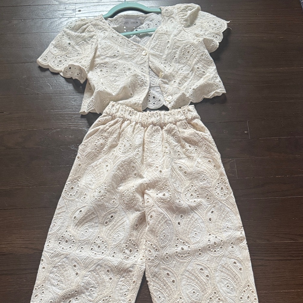 Girls White Eyelet Two-Piece Top and Pants Set